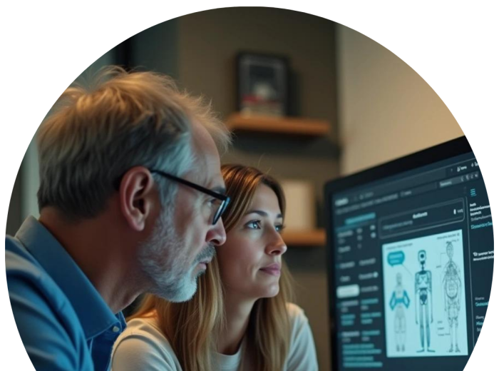 Ein Mann und eine Frau betrachten gemeinsam einen transparenten Bildschirm mit holografischen Daten und Visualisierungen. Der Mann wirkt nachdenklich, während die Frau auf bestimmte Informationen auf dem Display zeigt, was auf eine Zusammenarbeit in einem technologischen oder datenintensiven Umfeld hinweist.